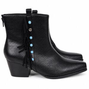 Crazy Train Ankle Boots Womens Size 9 Black Western Fringe Turquoise Stud Leathe